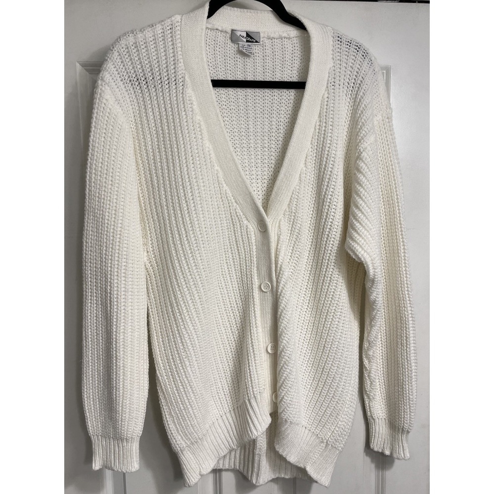 Vintage 1980s Sweater Men's Large Cardigan White Chunky Knit Mr Rogers Grandpa